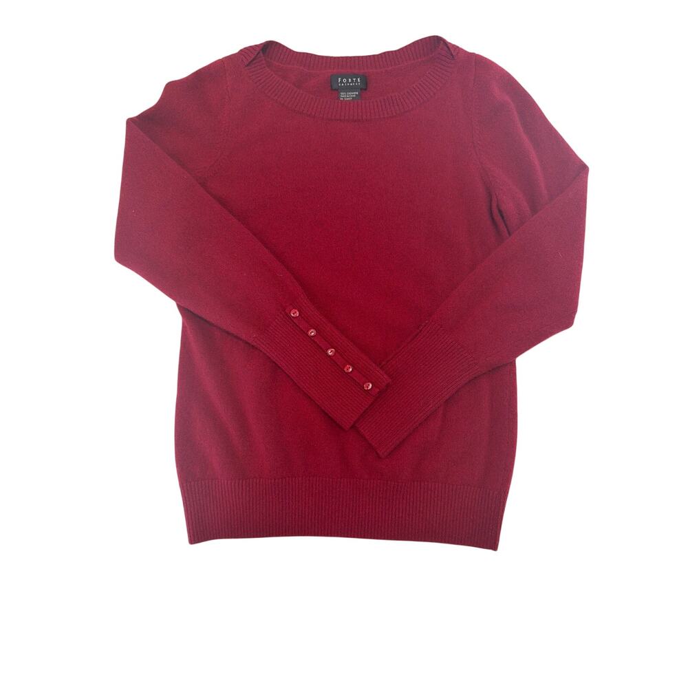 Forte 100% Cashmere Sz L long-sleeve sweater red crewneck button details cuffs